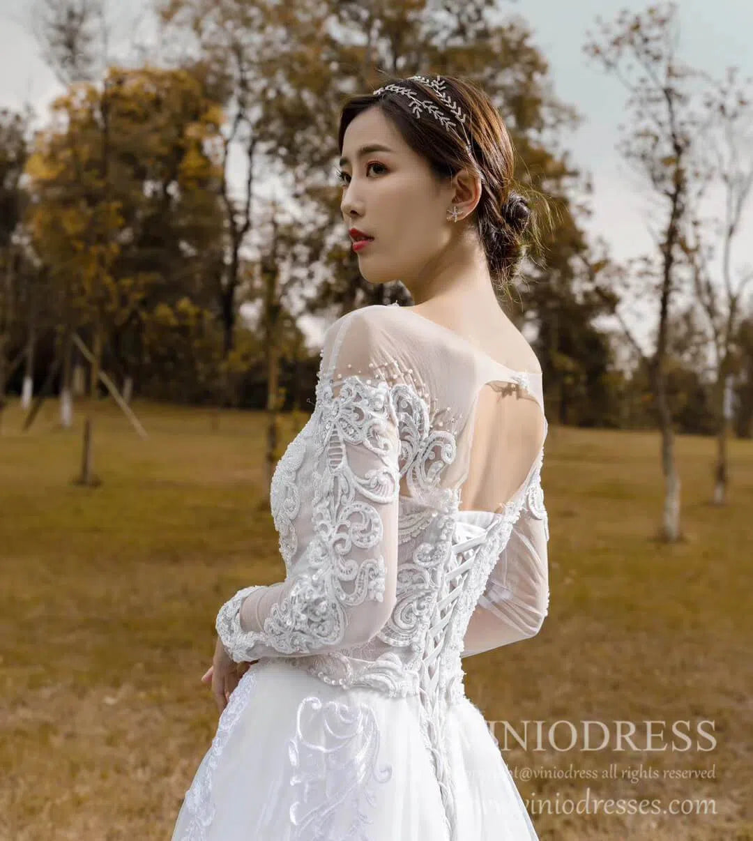 Long Sleeve Mermaid Lace Wedding Dresses Detachable Train VW1019-wedding dresses-Viniodress-Viniodress