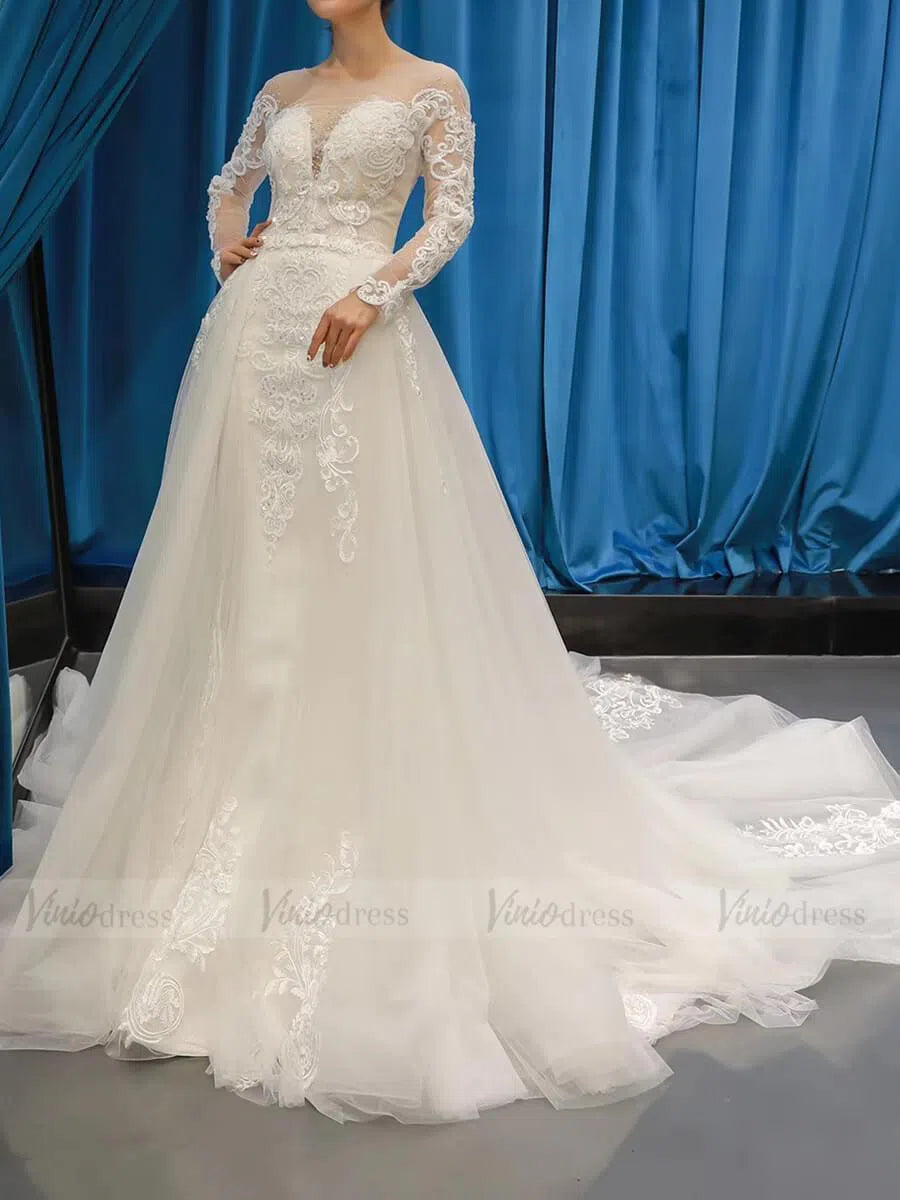 Long Sleeve Mermaid Lace Wedding Dresses Detachable Train VW1019-wedding dresses-Viniodress-Viniodress