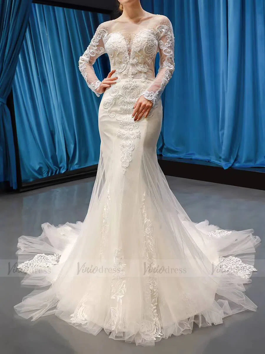 Long Sleeve Mermaid Lace Wedding Dresses Detachable Train VW1019-wedding dresses-Viniodress-Viniodress