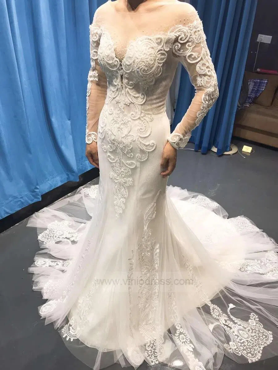 Long Sleeve Mermaid Lace Wedding Dresses Detachable Train VW1019-wedding dresses-Viniodress-Viniodress