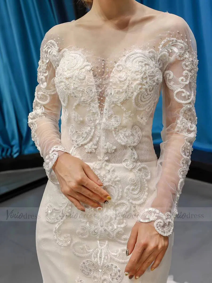 Long Sleeve Mermaid Lace Wedding Dresses Detachable Train VW1019-wedding dresses-Viniodress-Viniodress