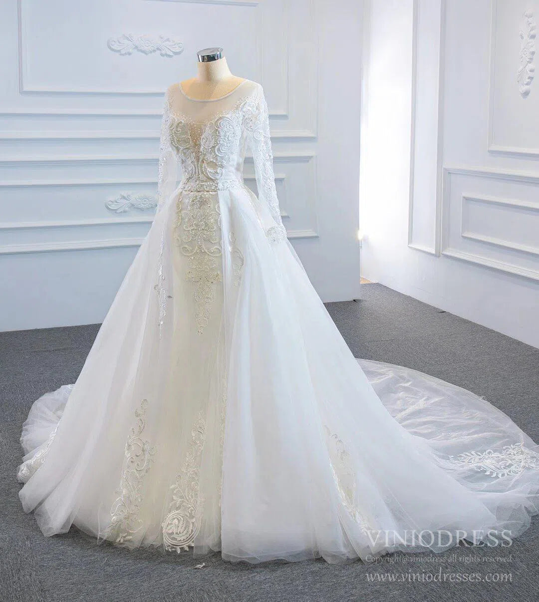 Long Sleeve Mermaid Lace Wedding Dresses Detachable Train VW1019-wedding dresses-Viniodress-Viniodress