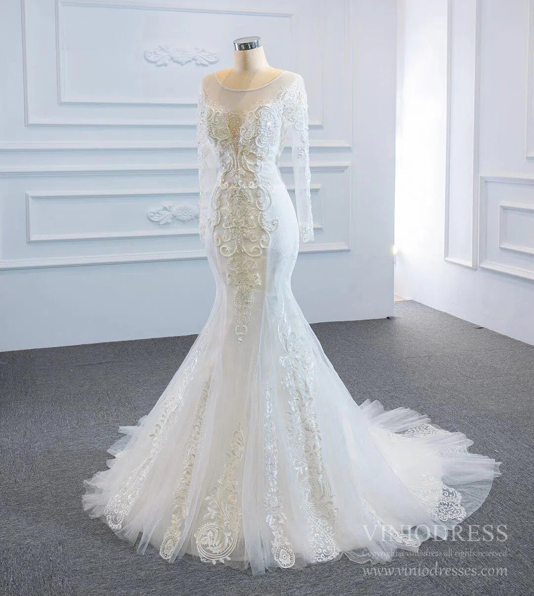 Long Sleeve Mermaid Lace Wedding Dresses Detachable Train VW1019-wedding dresses-Viniodress-Viniodress