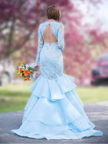 Long Sleeve Mermaid Prom Dresses Light Blue Lace Pageant Dress FD1559-prom dresses 2025 -Viniodress-Light Blue-Custom Size-