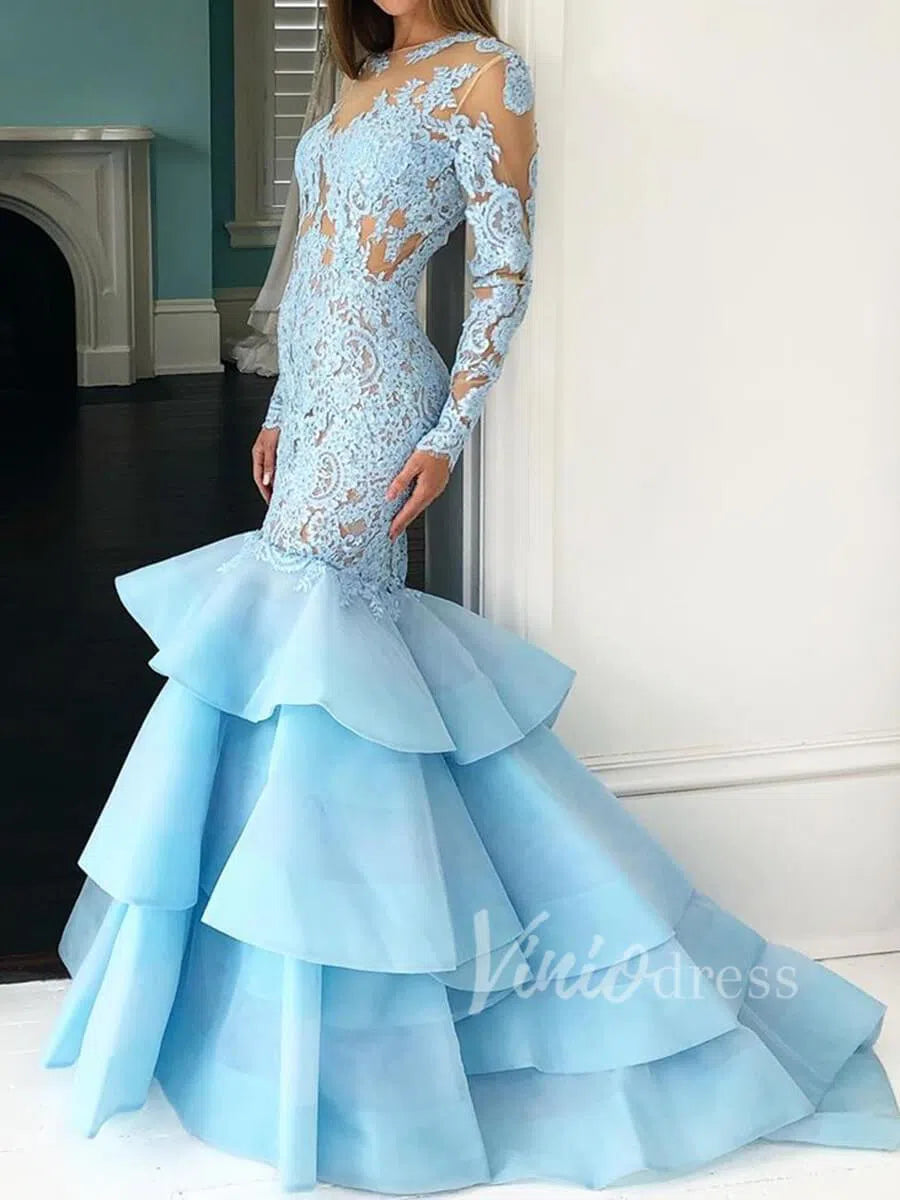 Prom Dress 2025 Long Sleeve Mermaid Prom Dresses Light Blue Lace Pageant Dress FD1559-unique prom dresses-Light Blue-Custom Size-Viniodress