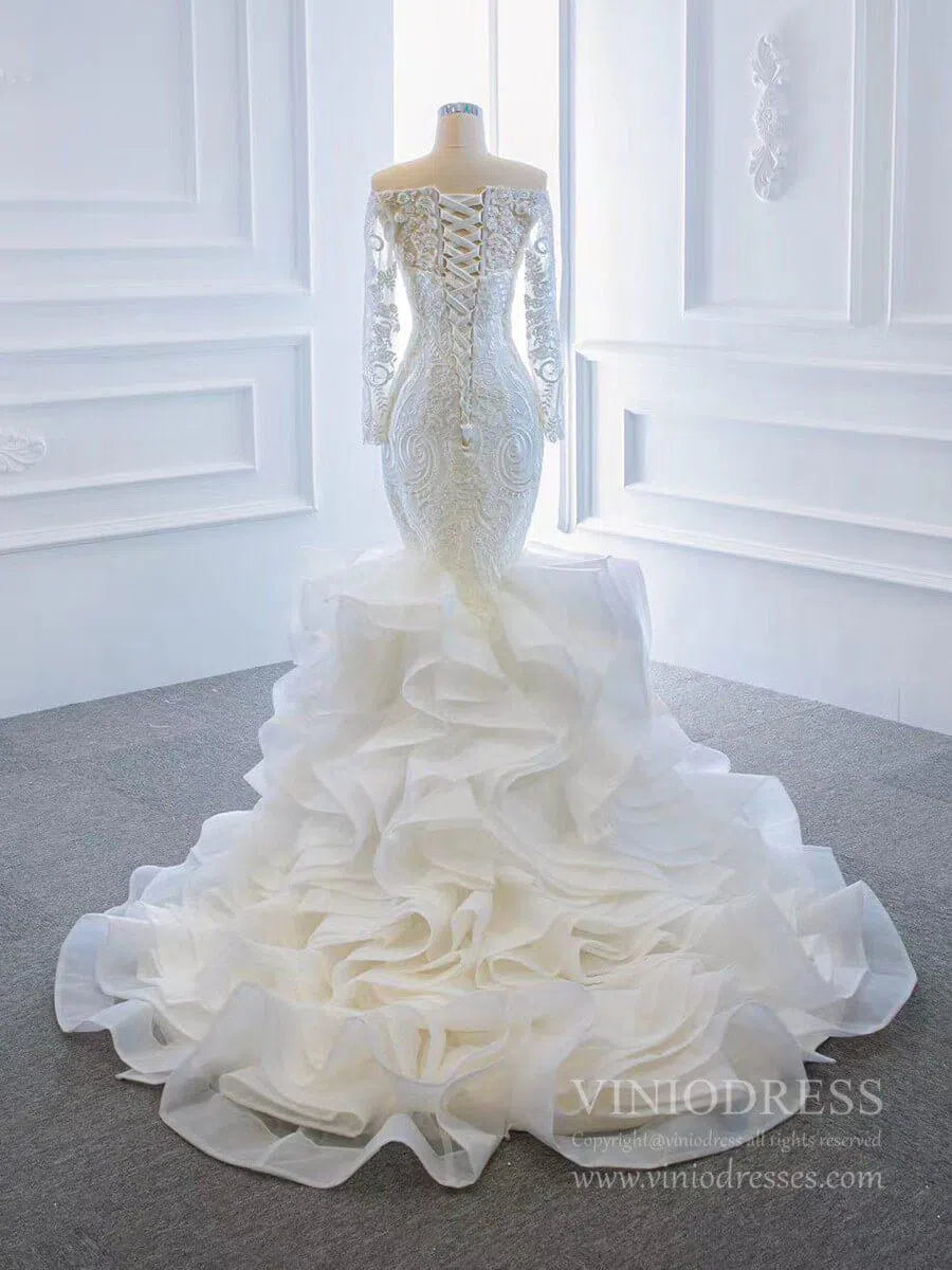 Long Sleeve Mermaid Ruffle Wedding Dresses Off the Shoulder 66734-wedding dresses 2025 -Viniodress-Ivory-Custom Size-