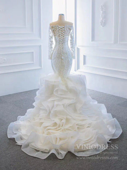 Long Sleeve Mermaid Ruffle Wedding Dresses Off the Shoulder 66734-wedding dresses 2025 -Viniodress-Ivory-Custom Size-