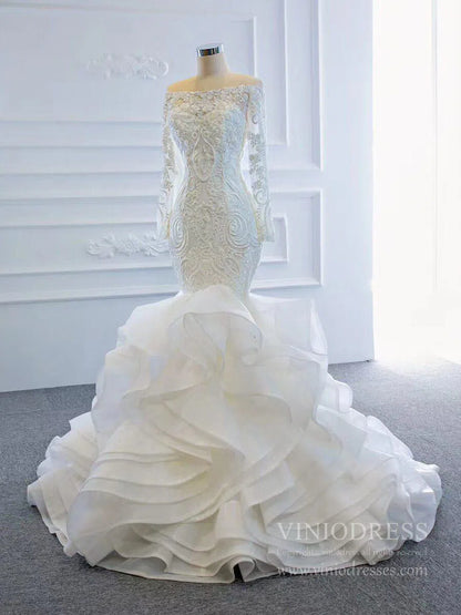 Long Sleeve Mermaid Ruffle Wedding Dresses Off the Shoulder 66734-wedding dresses 2025 -Viniodress-Ivory-Custom Size-