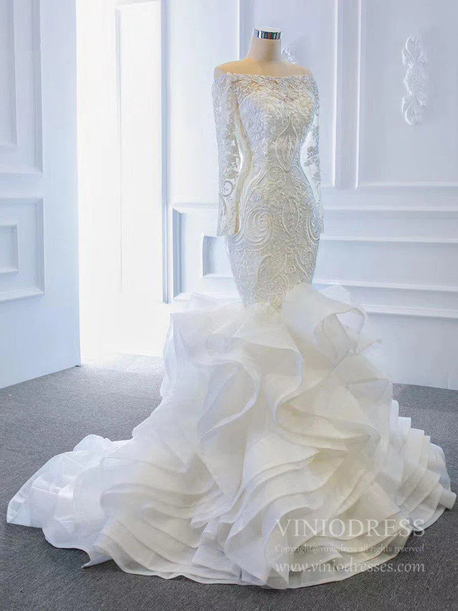 Long Sleeve Mermaid Ruffle Wedding Dresses Off the Shoulder 66734-wedding dresses 2025 -Viniodress-Ivory-Custom Size-