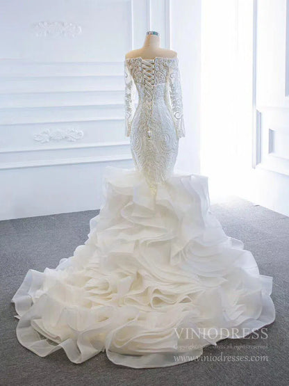 Long Sleeve Mermaid Ruffle Wedding Dresses Off the Shoulder 66734-wedding dresses 2025 -Viniodress-Ivory-Custom Size-