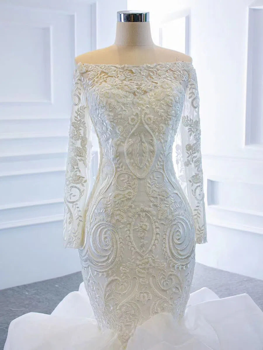 Long Sleeve Mermaid Ruffle Wedding Dresses Off the Shoulder 66734-wedding dresses 2025 -Viniodress-Ivory-Custom Size-