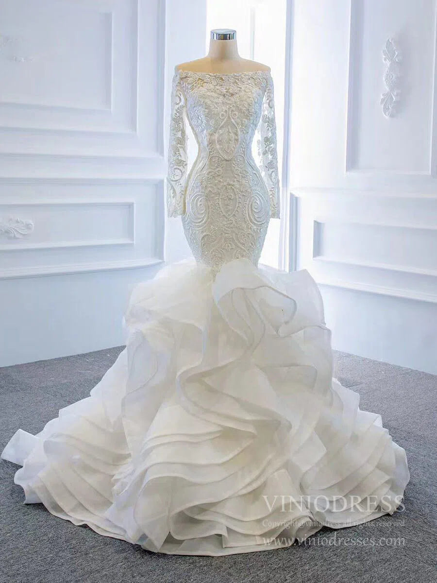 Long Sleeve Mermaid Ruffle Wedding Dresses Off the Shoulder 66734-wedding dresses 2025 -Viniodress-Ivory-Custom Size-