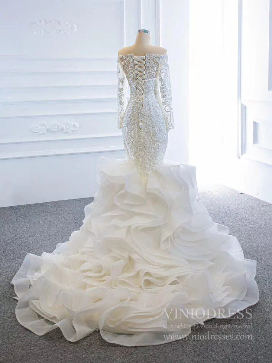 Long Sleeve Mermaid Ruffle Wedding Dresses Off the Shoulder 66734-wedding dresses-Viniodress-Viniodress