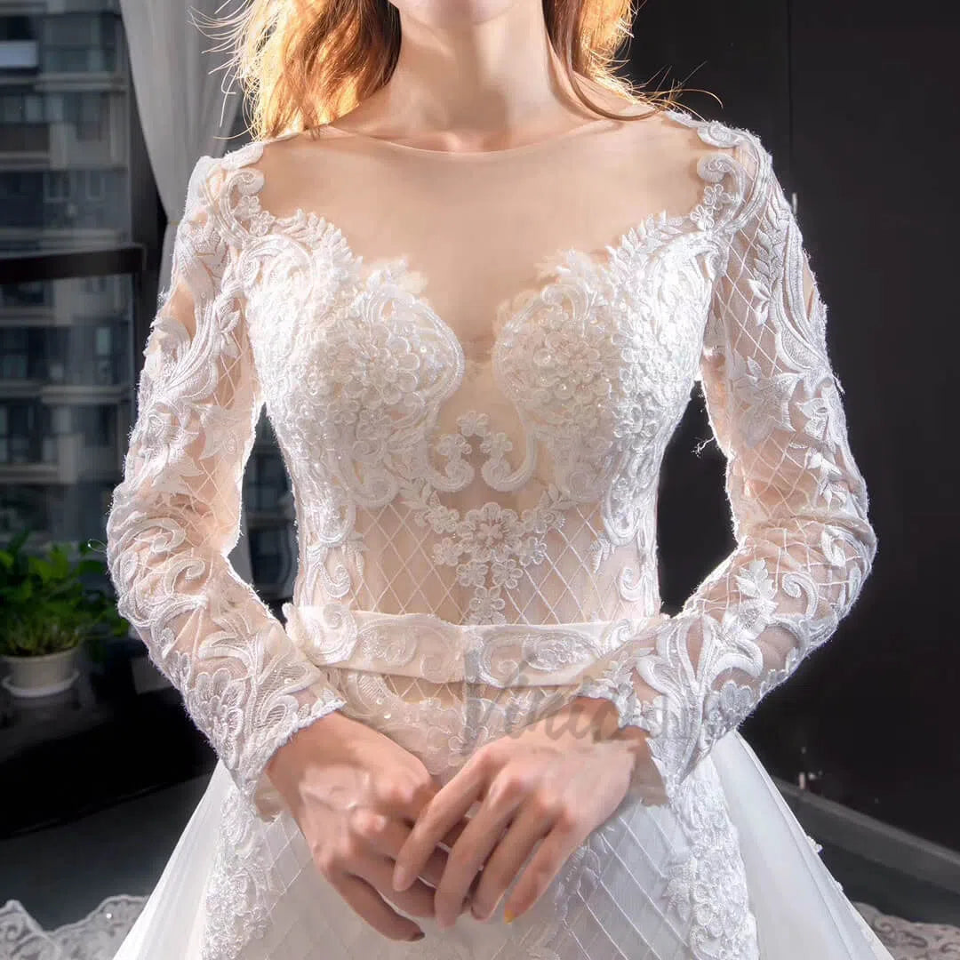 Long Sleeve Mermaid Wedding Dress with Removable Overskirt 66856-wedding dresses 2025 -Viniodress-Ivory-Custom Size-