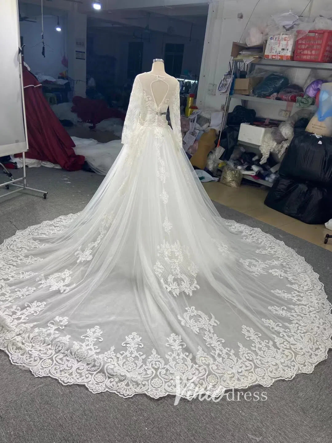 Long Sleeve Mermaid Wedding Dress with Removable Overskirt 66856-wedding dresses 2025 -Viniodress-Ivory-Custom Size-