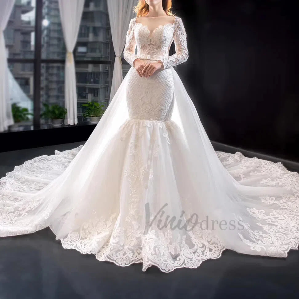 Long Sleeve Mermaid Wedding Dress with Removable Overskirt 66856-wedding dresses 2025 -Viniodress-Ivory-Custom Size-