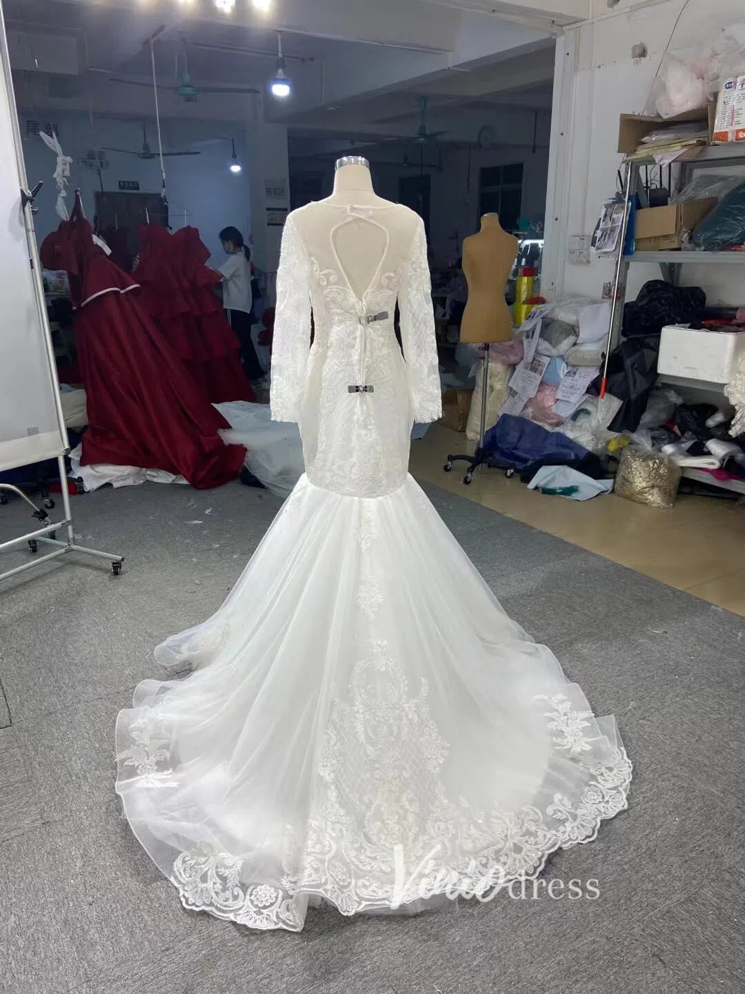 Long Sleeve Mermaid Wedding Dress with Removable Overskirt 66856-wedding dresses 2025 -Viniodress-Ivory-Custom Size-