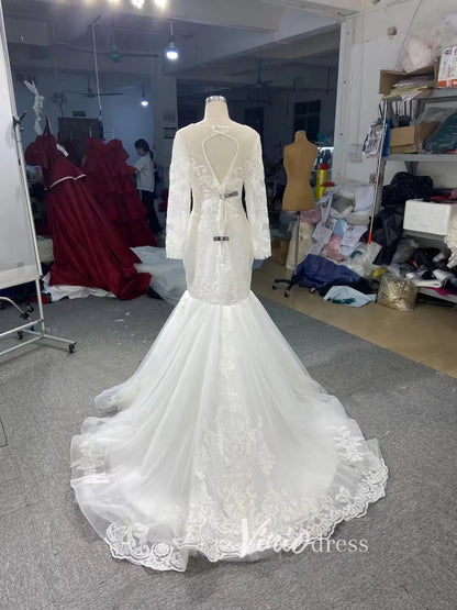 Long Sleeve Mermaid Wedding Dress with Removable Overskirt 66856-wedding dresses 2025 -Viniodress-Ivory-Custom Size-