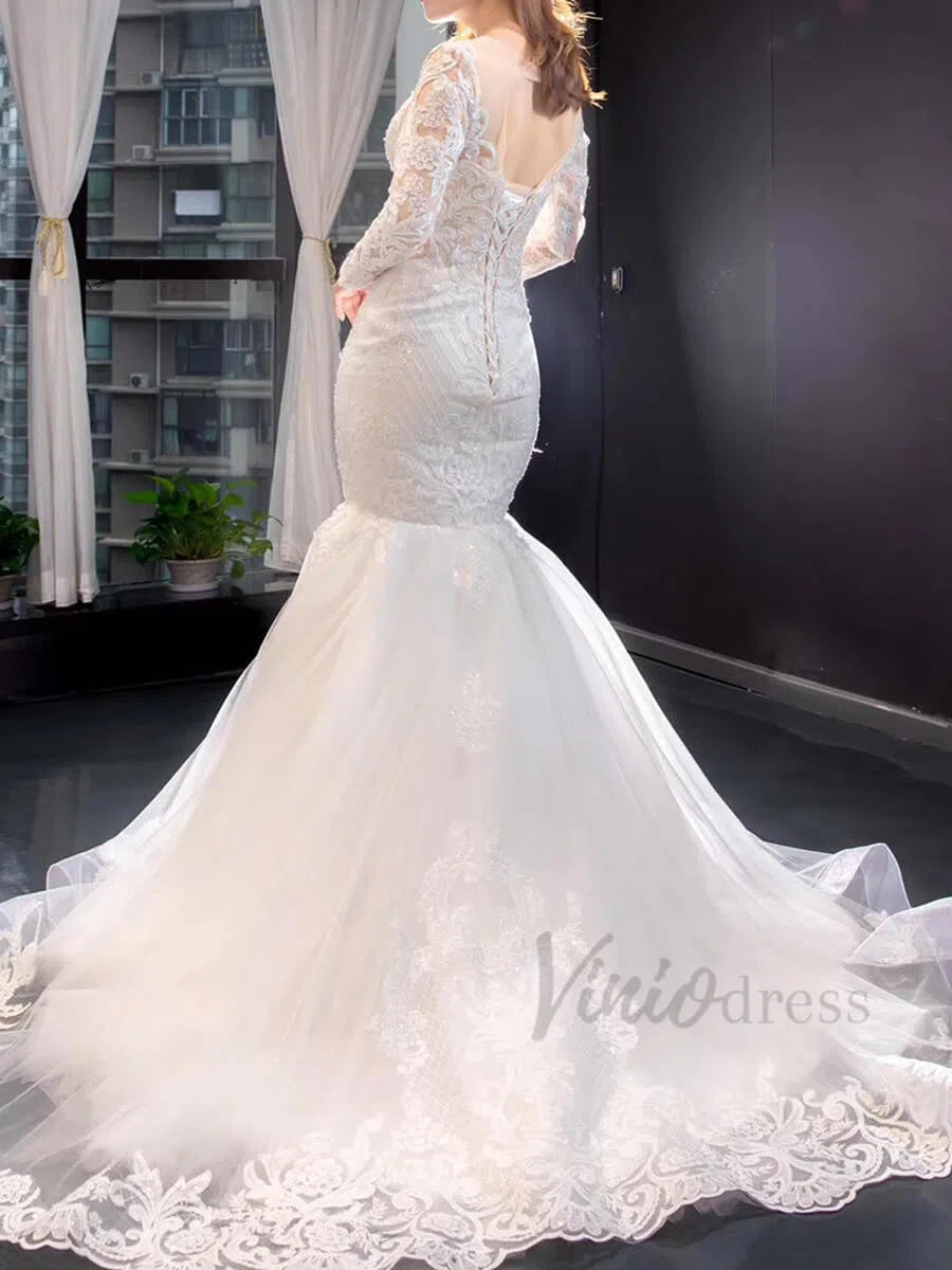 Long Sleeve Mermaid Wedding Dress with Removable Overskirt 66856-wedding dresses 2025 -Viniodress-Ivory-Custom Size-