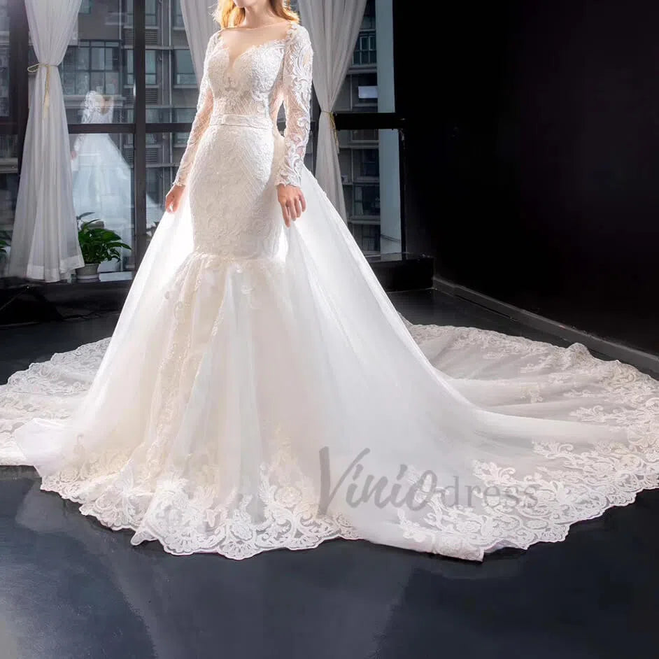 Long Sleeve Mermaid Wedding Dress with Removable Overskirt 66856-wedding dresses 2025 -Viniodress-Ivory-Custom Size-