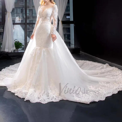 Long Sleeve Mermaid Wedding Dress with Removable Overskirt 66856-wedding dresses 2025 -Viniodress-Ivory-Custom Size-