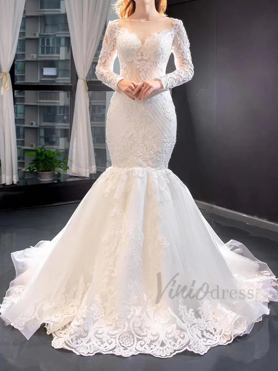 Long Sleeve Mermaid Wedding Dress with Removable Overskirt 66856-wedding dresses-Viniodress-Viniodress