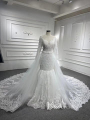 Mermaid Minimalist Wedding Dresses with Detachable Lace Cape Sleeves VW1466  - Ivory / Custom Size