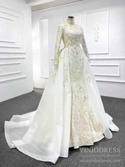 Long Sleeve Mermaid Wedding Dresses with Detachable Skirt 67156-wedding dresses 2025 -Viniodress-Ivory-Custom Size-
