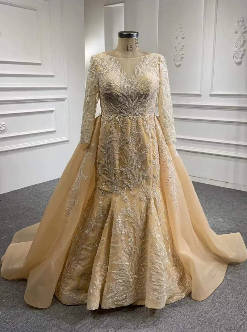 Long Sleeve Mermaid Wedding Dresses with Detachable Skirt 67156-wedding dresses 2025 -Viniodress-Ivory-Custom Size-