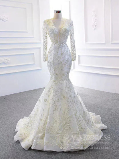 Long Sleeve Mermaid Wedding Dresses with Detachable Skirt 67156-wedding dresses 2025 -Viniodress-Ivory-Custom Size-