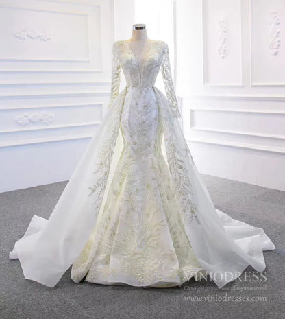 Long Sleeve Mermaid Wedding Dresses with Detachable Skirt 67156-wedding dresses 2025 -Viniodress-Ivory-Custom Size-
