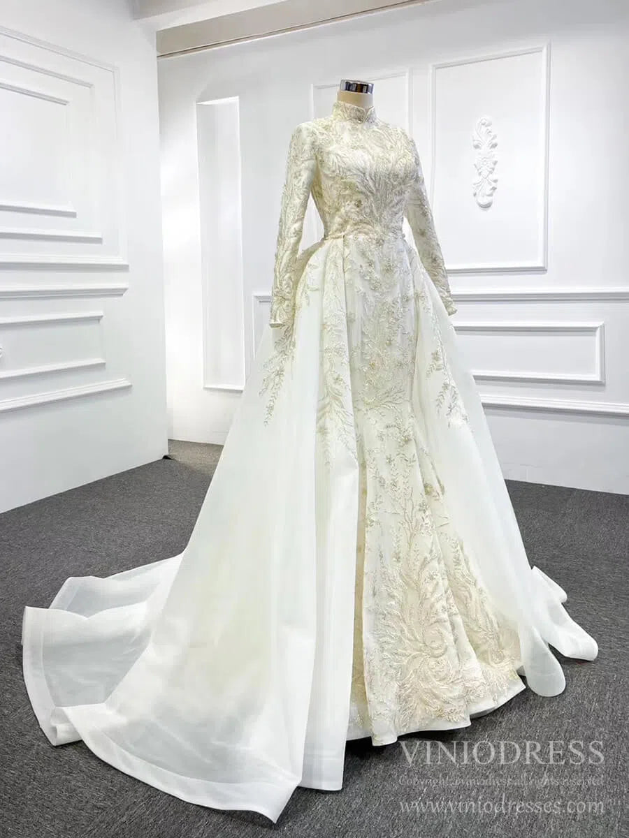 Long Sleeve Mermaid Wedding Dresses with Detachable Skirt 67156-wedding dresses 2025 -Viniodress-Ivory-Custom Size-