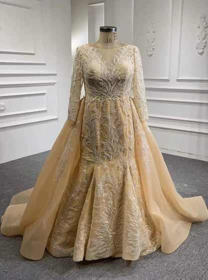 Long Sleeve Mermaid Wedding Dresses with Detachable Skirt 67156-wedding dresses 2025 -Viniodress-Ivory-Custom Size-
