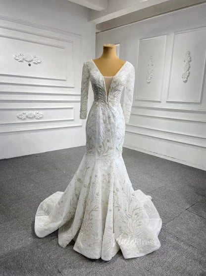 Long Sleeve Mermaid Wedding Dresses with Detachable Skirt 67156-wedding dresses 2025 -Viniodress-Ivory-Custom Size-