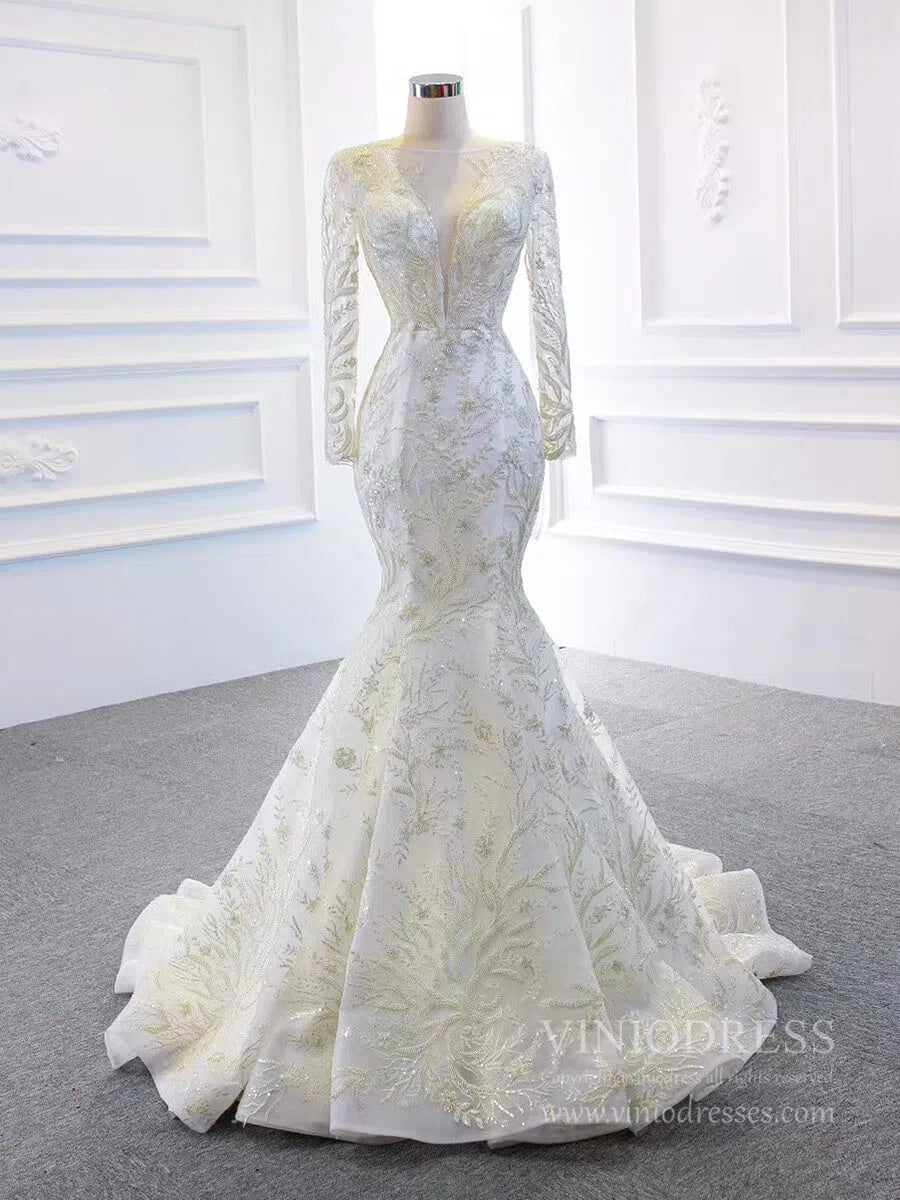Long Sleeve Mermaid Wedding Dresses with Detachable Skirt 67156-wedding dresses 2025 -Viniodress-Ivory-Custom Size-
