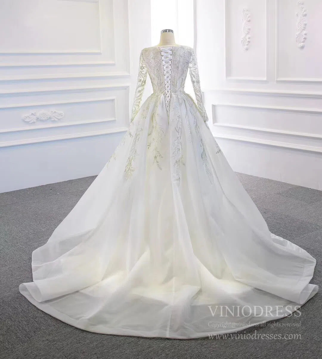 Long Sleeve Mermaid Wedding Dresses with Detachable Skirt 67156-wedding dresses 2025 -Viniodress-Ivory-Custom Size-
