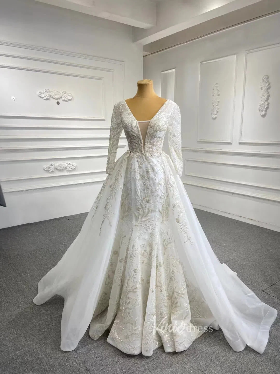 Long Sleeve Mermaid Wedding Dresses with Detachable Skirt 67156-wedding dresses 2025 -Viniodress-Ivory-Custom Size-