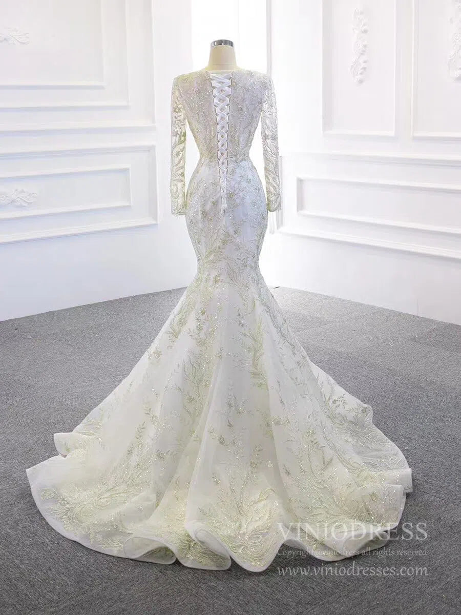 Long Sleeve Mermaid Wedding Dresses with Detachable Skirt 67156-wedding dresses 2025 -Viniodress-Ivory-Custom Size-
