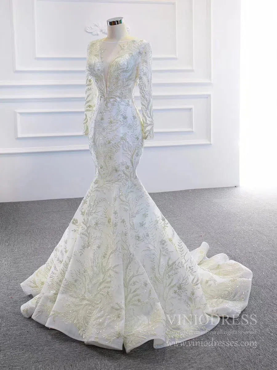Long Sleeve Mermaid Wedding Dresses with Detachable Skirt 67156-wedding dresses 2025 -Viniodress-Ivory-Custom Size-