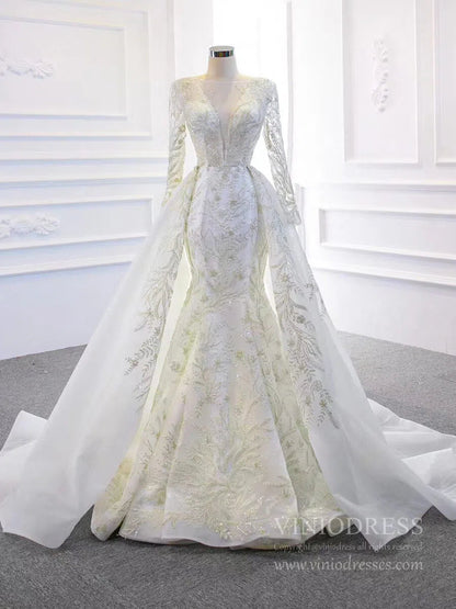 Long Sleeve Mermaid Wedding Dresses with Detachable Skirt 67156-wedding dresses 2025 -Viniodress-Ivory-Custom Size-