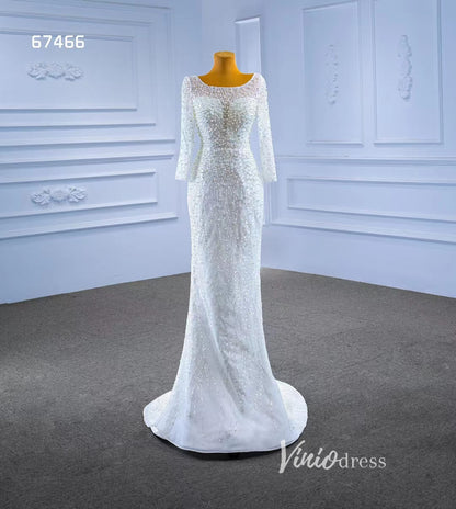 Long Sleeve Modern Pearl Wedding Dresses with Detachable Overskirt 67466-wedding dresses 2025 -Viniodress-Ivory-Custom Size-