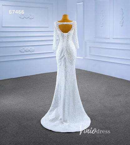 Long Sleeve Modern Pearl Wedding Dresses with Detachable Overskirt 67466-wedding dresses 2025 -Viniodress-Ivory-Custom Size-