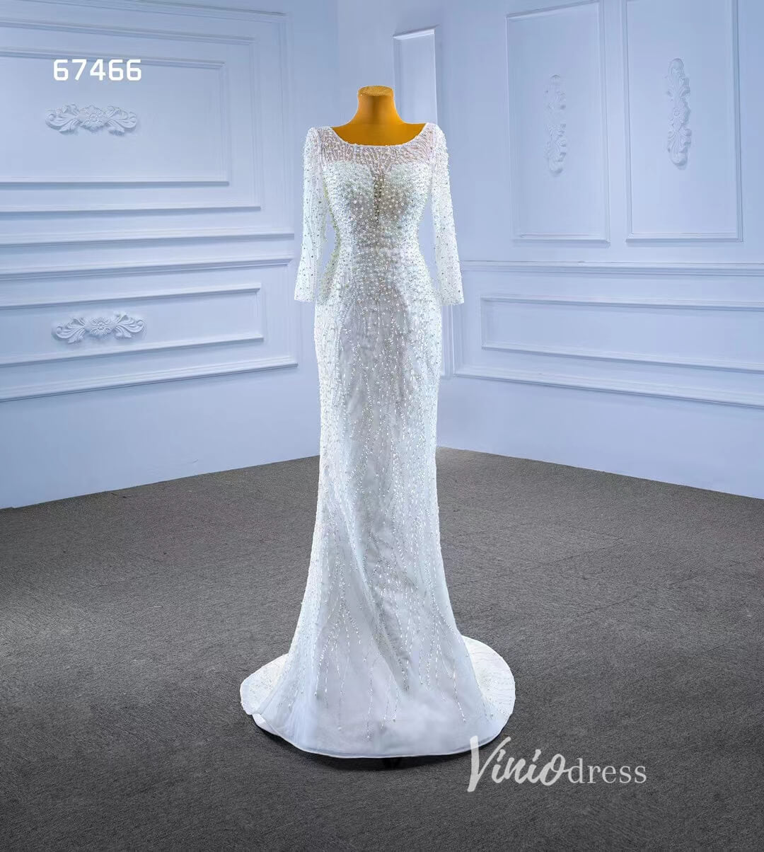 Long Sleeve Modern Pearl Wedding Dresses with Detachable Overskirt 67466-wedding dresses 2025 -Viniodress-Ivory-Custom Size-