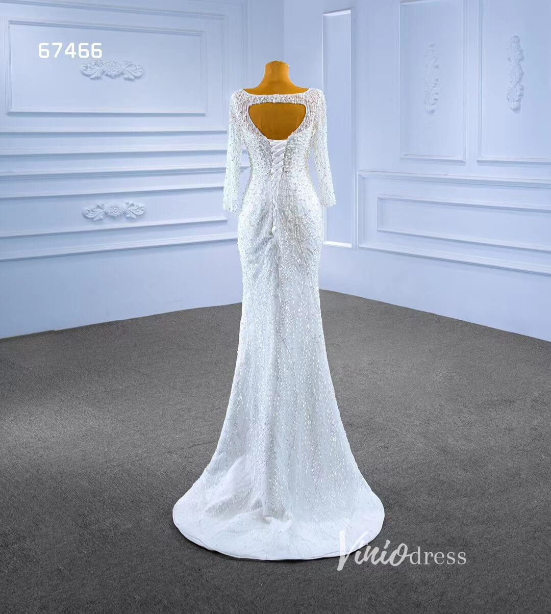 Long Sleeve Modern Pearl Wedding Dresses with Detachable Overskirt 67466-wedding dresses 2025 -Viniodress-Ivory-Custom Size-