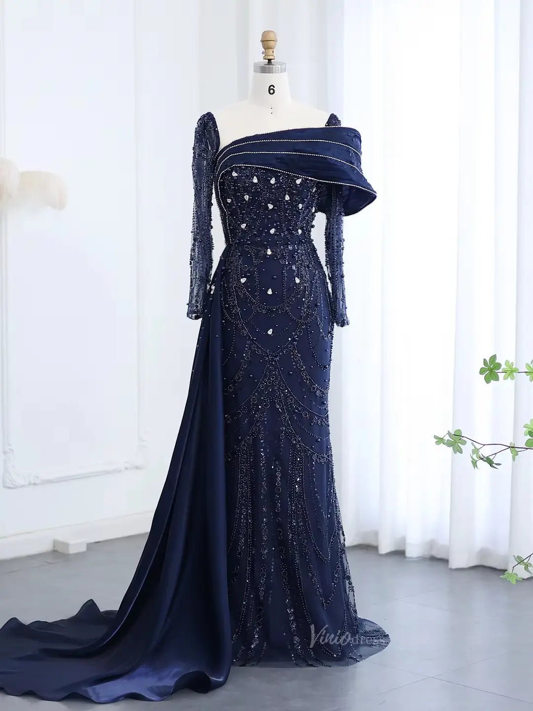 long sleeve navy evening dress Long Sleeve Mother of the Bride Dresses Elegant Prom Dresses BD053 –  Viniodress