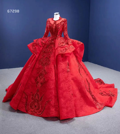 Long Sleeve Muslim Wedding Dresses 67298 viniodress-Quinceanera Dresses 2025 -Viniodress-Red-Custom Size-