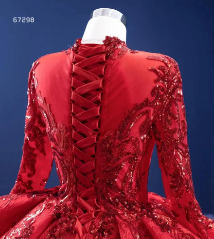 Long Sleeve Muslim Wedding Dresses 67298 viniodress-Quinceanera Dresses 2025 -Viniodress-Red-Custom Size-