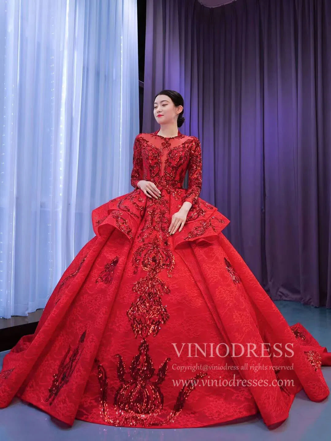 Quinceanera Dresses 2025 Long Sleeve Muslim Wedding Dresses 67298 viniodress-plus size wedding dresses Viniodress-Red-Custom Size-