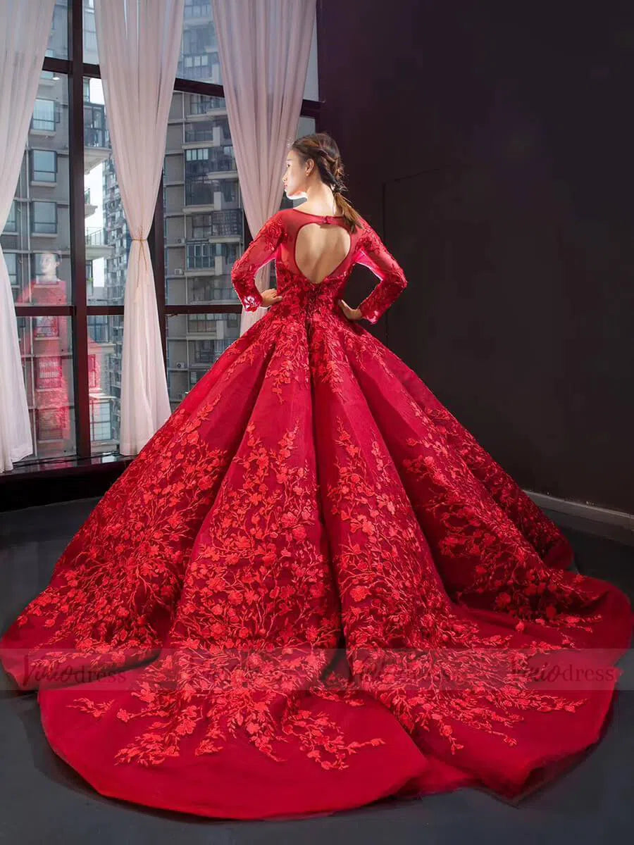 Prom Dress 2025 Long Sleeve Muslim Wedding Dresses Luxury Ball Gown 66699 viniodress-unique Quinceanera Dresses-Dark Red-Custom Size-Viniodress