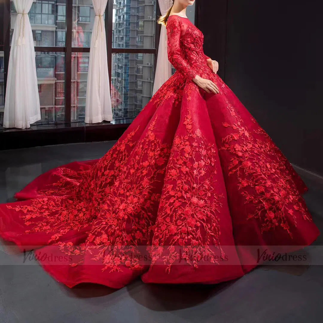 Prom Dress 2025 Long Sleeve Muslim Wedding Dresses Luxury Ball Gown 66699 viniodress-unique Quinceanera Dresses-Dark Red-Custom Size-Viniodress